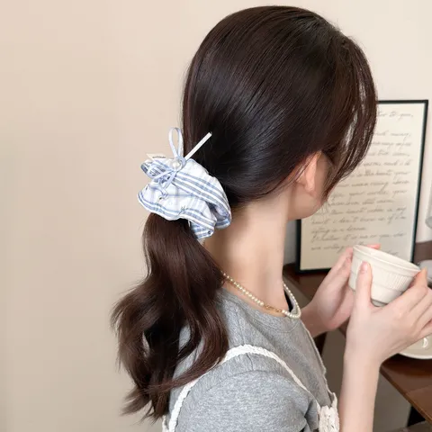 Scrunchies Korean Fresh Striped Bear Print Fabric Hair Ring With Artificial Pearl Ribbon Sweet Hair Accessories For Women