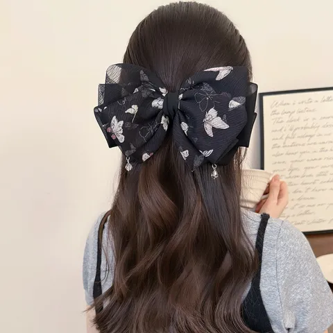 Fermaglio per Capelli con Fiocco in Rete Grande Retrò Coreano per Donna Clip a Molla in Chiffon con Stampa a Farfalla Accessori per Capelli