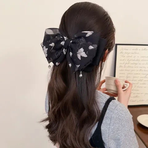 Fermaglio per Capelli con Fiocco in Rete Grande Retrò Coreano per Donna Clip a Molla in Chiffon con Stampa a Farfalla Accessori per Capelli