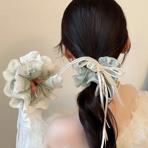 Forest Style Light Green Lace Mesh Scrunchie Handmade Satin Braided Headband Elegant Hair Ties Bow Ribbon Ponytail Holder For Women Daily Decor