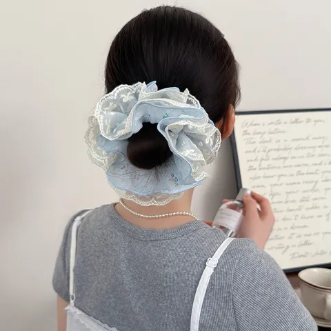 Coletero de Encaje con Estampado Floral Multicapa Goma de Pelo Dulce Tela Fresca Elástica Coleta Moño Mujer