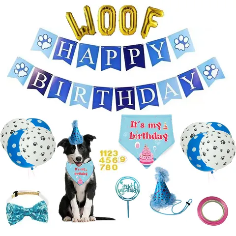 Pet Birthday Party Decoration Set Dog Cat Bandana Birthday Hat Bow Tie Banner Balloons Pet Party Supplies