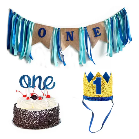 Baby Boy First Birthday Party Decoration Set Banner Crown Hat Cake Topper Blue Glitter Kids Celebration Event Supplies