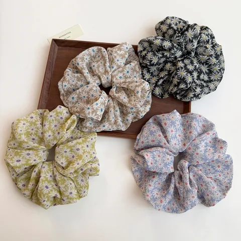 Pastoral Style Daisy Floral Print Mesh Scrunchie High Elastic Hair Tie For Women Sweet Hair Accessories Handmade Headwear