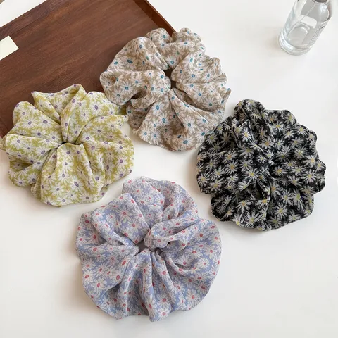 Pastoral Style Daisy Floral Print Mesh Scrunchie High Elastic Hair Tie For Women Sweet Hair Accessories Handmade Headwear