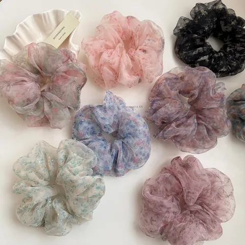 Romantic Fluffy Organza Rhinestone Floral Print Hair Scrunchie For Women Korean Gentle Large Elastic Hair Tie Bun Accessory