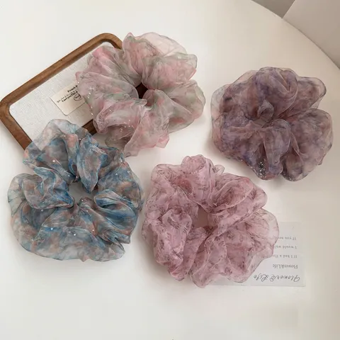 Romantic Fluffy Organza Rhinestone Floral Print Hair Scrunchie For Women Korean Gentle Large Elastic Hair Tie Bun Accessory