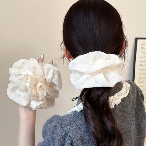 Korean Style Summer Tulip Print Mesh Scrunchie Polka Dot Floral Hair Tie For Women Handmade Hair Accessories