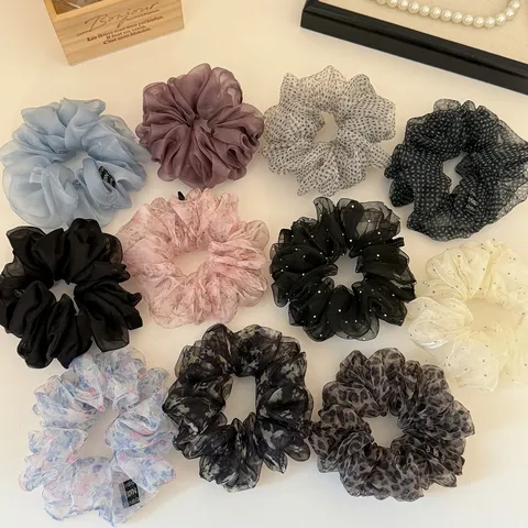 Korean Style Elegant Organza Mesh Scrunchies Floral Print Polka Dot Leopard Hair Ties Elastic Ponytail Holders For Women Girls Hair Accessories