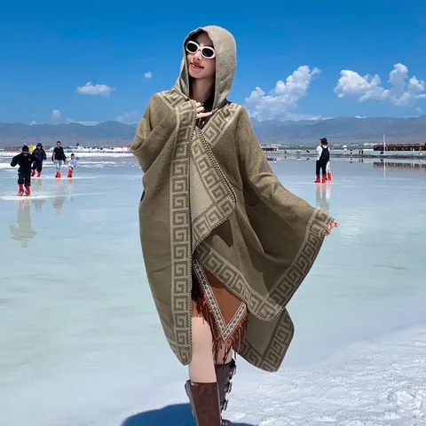 Damen Acryl Ehtnisch Geometrisch Griechisch Schlüssel Geknitter Umhang Schal Herbst Winter Warmer Offener Poncho Fransen Fransen Oberbekleidung Cape