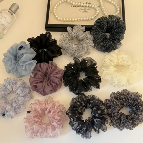 Korean Style Elegant Organza Mesh Scrunchies Floral Print Polka Dot Leopard Hair Ties Elastic Ponytail Holders For Women Girls Hair Accessories