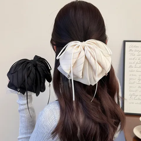 Pince à Cheveux Élégante à Nœud de Style Français Rayée Grande Pince à Queue de Cheval en Tissu pour Femme Accessoires Cheveux