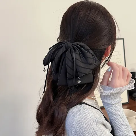 Pince à Cheveux Élégante à Nœud de Style Français Rayée Grande Pince à Queue de Cheval en Tissu pour Femme Accessoires Cheveux