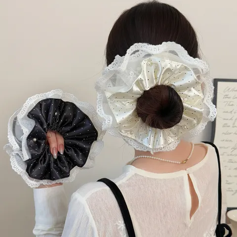 Elegant Satin Polka Dot Lace Scrunchie Hair Tie With Artificial Pearl High Elastic Large Intestine Hair Ring Women Hair Accessories