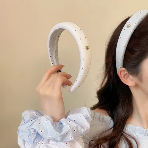 Korean Style Daisy Print Fabric Hair Scrunchie Rhinestone Heart Embellished Headband Sweet Floral Hair Band Women Accessories