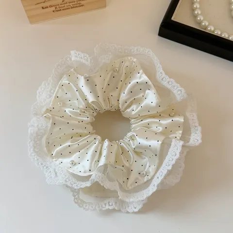 Elegant Satin Polka Dot Lace Scrunchie Hair Tie With Artificial Pearl High Elastic Large Intestine Hair Ring Women Hair Accessories