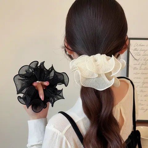 Elegante Geplooide Mesh Bloemknop Scrunchie Haarelastiek Voor Dames Effen Kleur Zachte Organza Grote Haarring