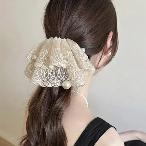 Chouchou en Dentelle avec Perles Artificielles Style Français Blanc Noir Doux Tempérament Élastique Cheveux Femme