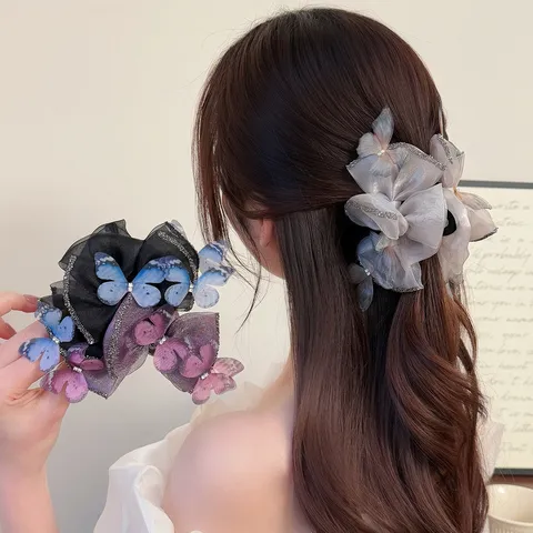 Süß Netzgewebe Organza Schleife Haarkralle Mit 3D Schmetterling Strass Elegant Handgefertigt Prinzessin Haarclip Für Damen Tägliche Haarschmuck