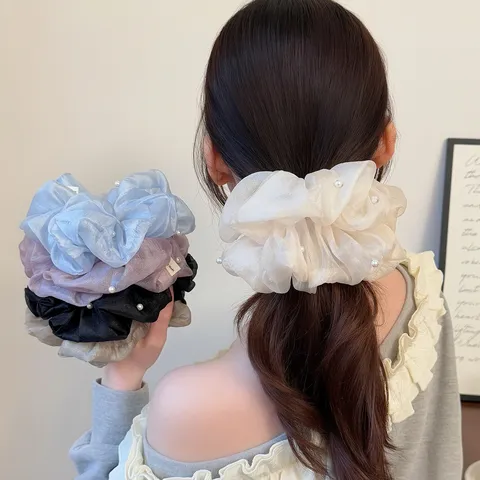 Französisch Süße Schiffon Netzgewebe Perlen Haargummi Elegante Große Haarseile Handgefertigte Künstliche Perlen Haarschmuck Für Damen