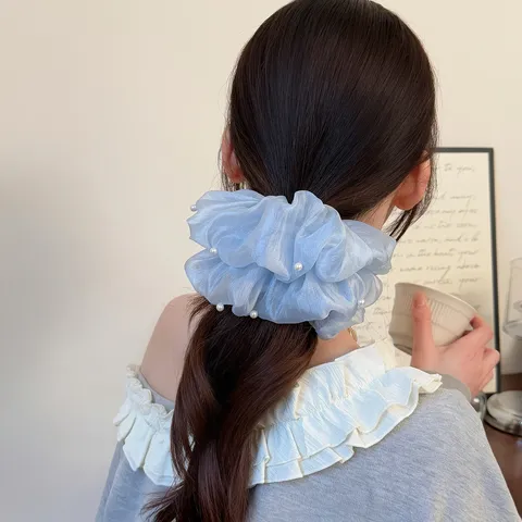 Französisch Süße Schiffon Netzgewebe Perlen Haargummi Elegante Große Haarseile Handgefertigte Künstliche Perlen Haarschmuck Für Damen