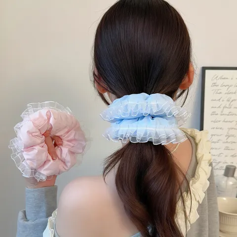 Frische Süße Mesh Scrunchie Im Koreanischen Stil Große Rüschen Haargummi Spitzenbesatz Gefalteter Gaze Elastisches Haarband