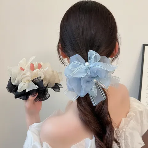 Chouchous en Maille pour Femmes Avec Nœud en Ruban et Perle Artificielle Doux Élégant Accessoires de Cheveux en Gaze Mode