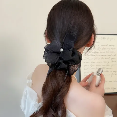 Chouchous en Maille pour Femmes Avec Nœud en Ruban et Perle Artificielle Doux Élégant Accessoires de Cheveux en Gaze Mode