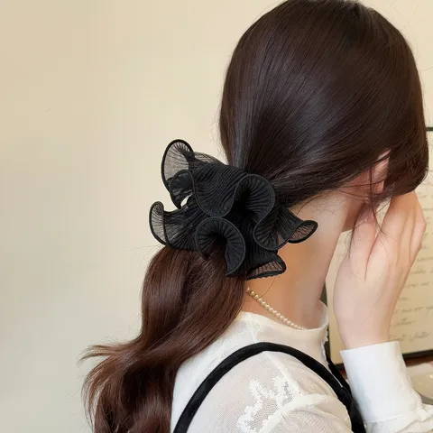 Elegante Geplooide Mesh Bloemknop Scrunchie Haarelastiek Voor Dames Effen Kleur Zachte Organza Grote Haarring
