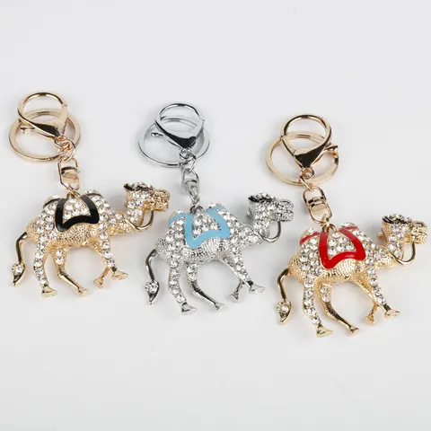 Cute Crystal Rhinestone Double Hump Camel Metal Keychain Bag Pendant Gold Silver Fashion Animal Key Ring Jewelry Gift
