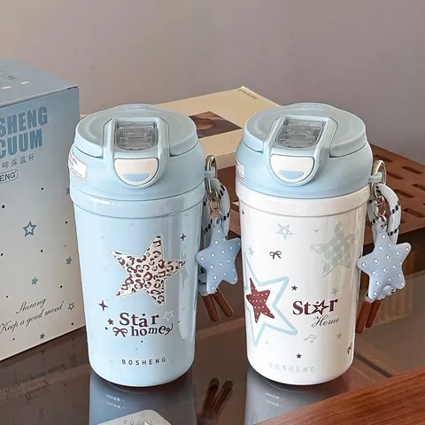 Tragbarer 316 Edelstahl Kaffeebecher Sternanhänger Doppeltrinkdeckel Isolierbecher Für Damen Reise Büro Auslaufsicherer Becher