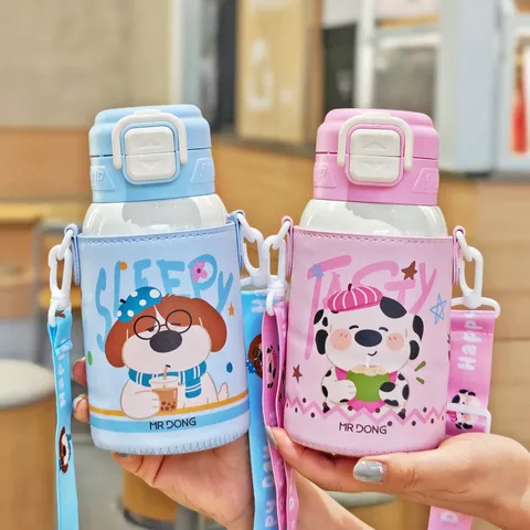 Kinder Isolierflasche 316 Edelstahl Vakuum Thermoskanne Süß Cartoon Tragbare Reise Schule Trinkgeschirr Mit Strohhalm