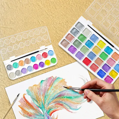 Ensemble de Peinture Aquarelle Nacrée Solide Pigments Scintillants Macaron Avec Palette Et Pinceau Pour Peinture Artistique Dessin