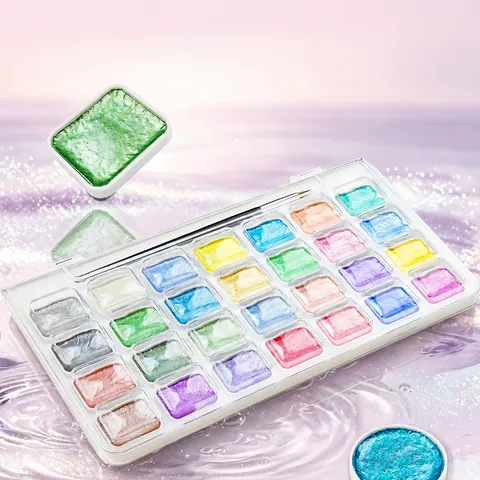 Ensemble de Peinture Aquarelle Nacrée Solide Pigments Scintillants Macaron Avec Palette Et Pinceau Pour Peinture Artistique Dessin