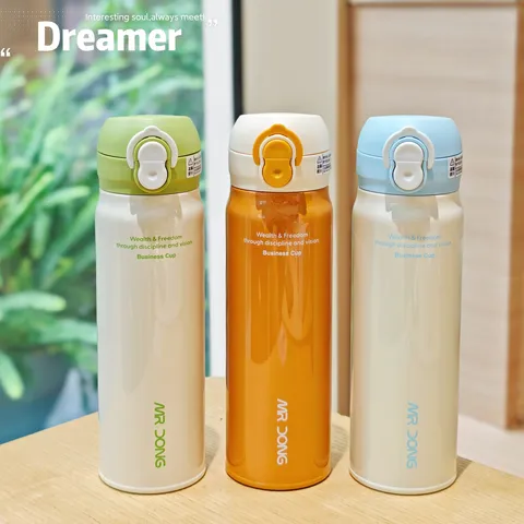 Stainless Steel Vacuum Insulated Water Bottle With Dual Drink Bounce Lid Portable Thermal Flask For Women Students Couples Office Outdoor 480ml