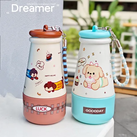 Cute Cartoon Puppy Stainless Steel Vacuum Flask Portable Thermal Insulation Water Bottle With Lanyard Straw For Students Women Home School