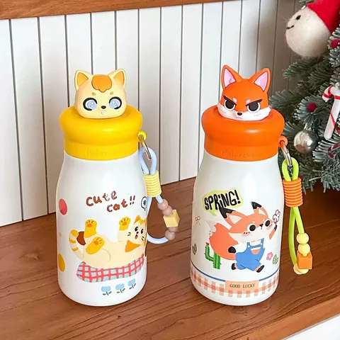 Cute Cartoon Animal Figure Lid Stainless Steel Insulated Water Bottle For Kids Portable Vacuum Flask With Straw Tea Filter