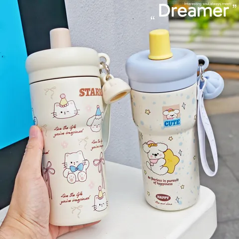 Termos in Acciaio Inossidabile con Disegno di Cartoon Carino Bottiglia d'Acqua Isolata con Cannuccia Portatile con Cordino Pratico