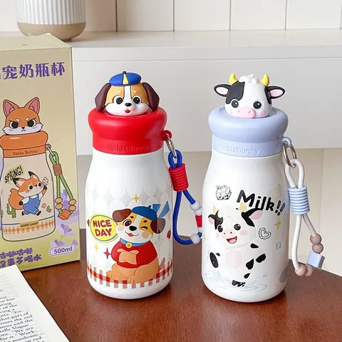 Cute Cartoon Animal Figure Lid Stainless Steel Insulated Water Bottle For Kids Portable Vacuum Flask With Straw Tea Filter