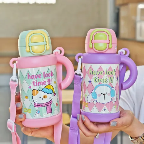 316 Stainless Steel Children Vacuum Flask Cartoon Cute Cat Dog Insulated Cup With Straw Handle Strap Bounce Lid Water Bottle