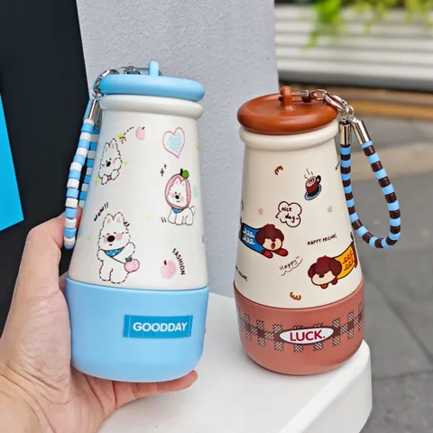 Cute Cartoon Puppy Stainless Steel Vacuum Flask Portable Thermal Insulation Water Bottle With Lanyard Straw For Students Women Home School
