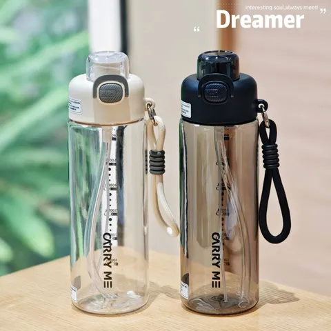 Creative Sports Misting Water Bottle Large Capacity Dual Drink Straw Cup With Carrying Rope Portable Outdoor Cycling Fitness Gym Leakproof Travel Plastic Drinking Bottle