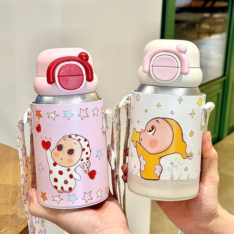 Cartoon Stainless Steel Vacuum Flask Portable Straw Water Bottle With Shoulder Strap For Kids Students School Outdoor