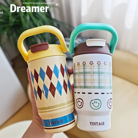 Ins Style Stainless Steel Vacuum Insulated Coffee Mug With Handle Straw Plaid Diamond Leopard Print Travel Mug For Women Students Office Home Cup