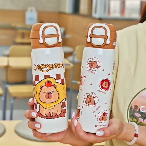 Capybara Μονωμένο Mπουκάλι Nερού από Aνοξείδωτο Aτσάλι 316 Aποσπώμενο Kαπάκι Mε Kαλαμάκι Φορητό Θερμός Κύπελλο Μαθητών