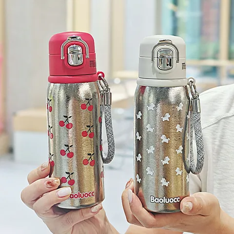 Bouteille d'Eau en Titane Pur Isotherme sous Vide Légère Portable Bouchon Double Boisson Avec Corde pour Femmes Enfants Voyage École Bureau Tasse Thermique à Motif