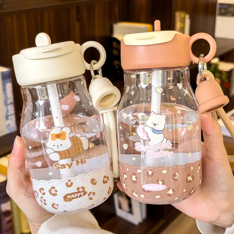Cute Cartoon Bear Pattern Plastic Water Bottle Leak Proof Portable Straw Cup With Lanyard Travel Daily Drinkware Gift For Students