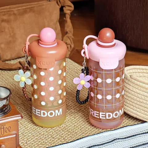 Retro Stippen Geruit Gematteerd Glas Waterbeker Met Rietje En Bloemenbedeltje Grote Capaciteit Draagbare Borosilicaatglas Fles Voor Thuis Kantoor