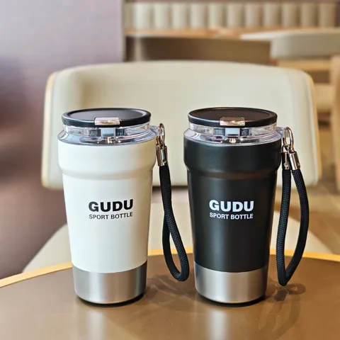 Taza de Café Aislada de Acero Inoxidable Vaso de Vacío Portátil Con Cordón y Tapa Abatible Taza de Viaje para Coche para Hombres Mujeres