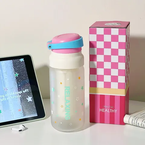 Bouteille d'eau en Verre Borosilicaté Givré Avec Paille Et Filet Filtrant Bouteille Portable Résistante à La Chaleur Pour Filles Été Extérieur